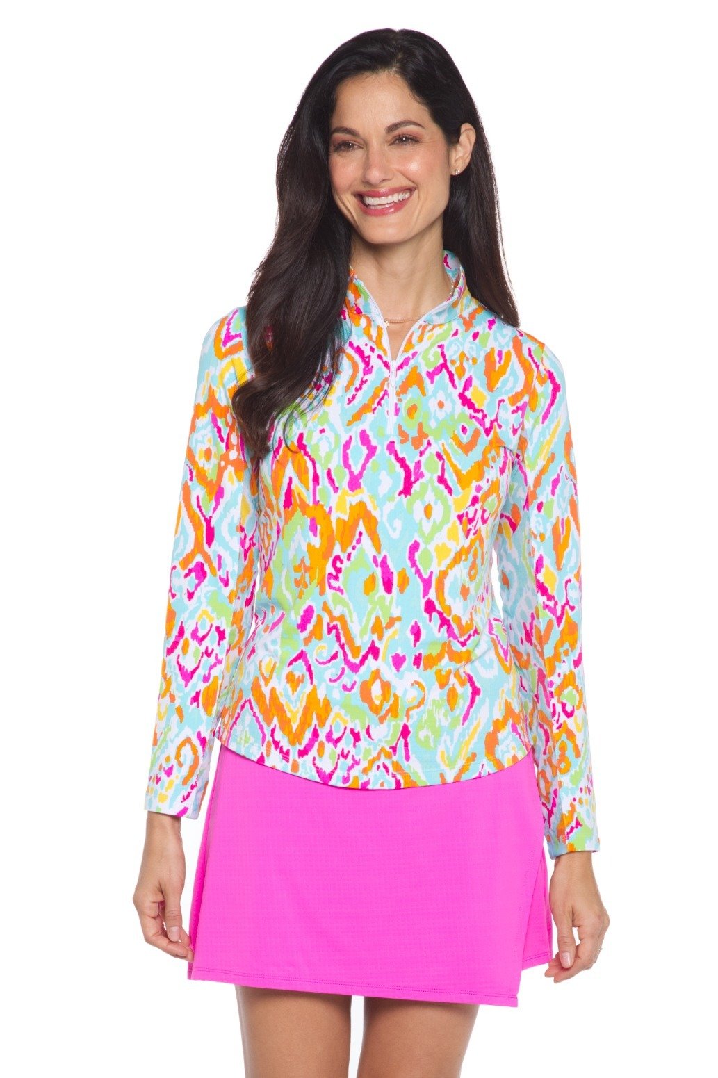 Ibkul Tillie Long Sleeve  Zip Mock - SPF 50 Seafoam Multi