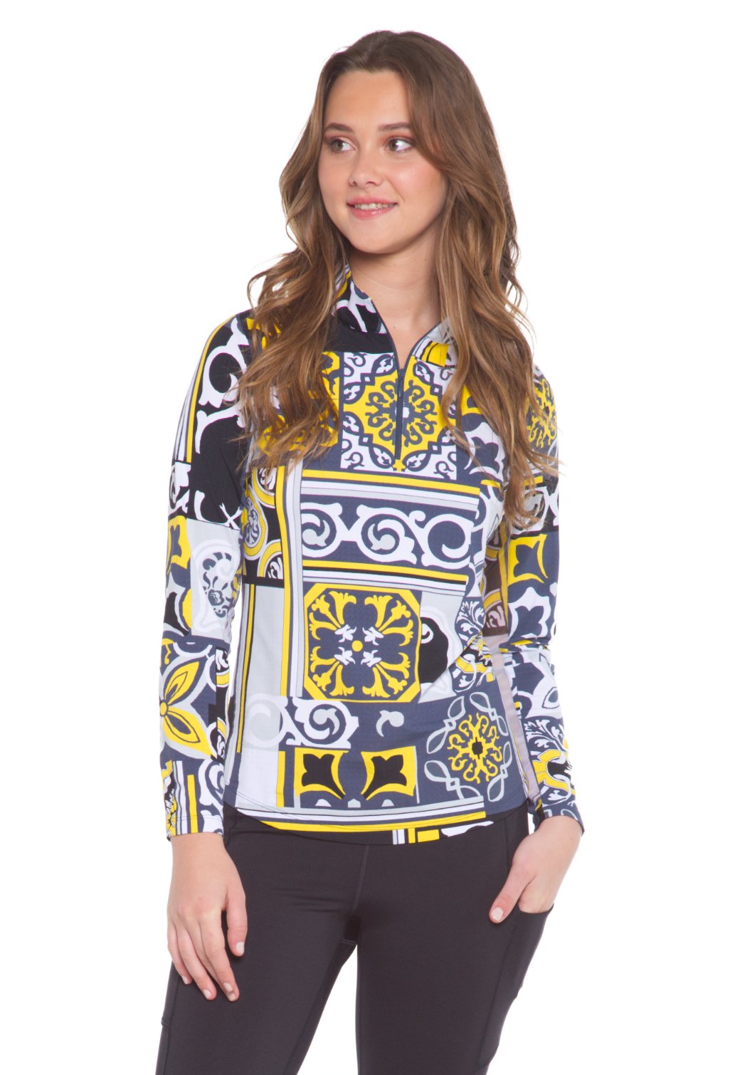 Ibkul Alice Long Sleeve  Zip Mock - SPF 50  Charcoal/ Yellow