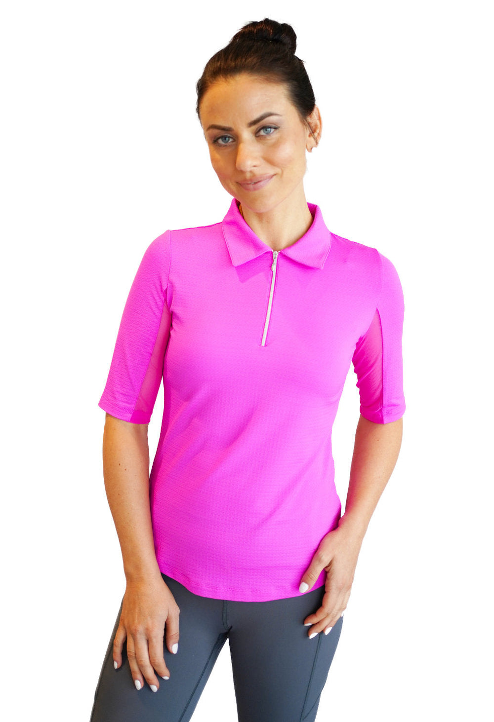 Ibkul   Womens Elbow sleeve Zip Polo    Hot Pink