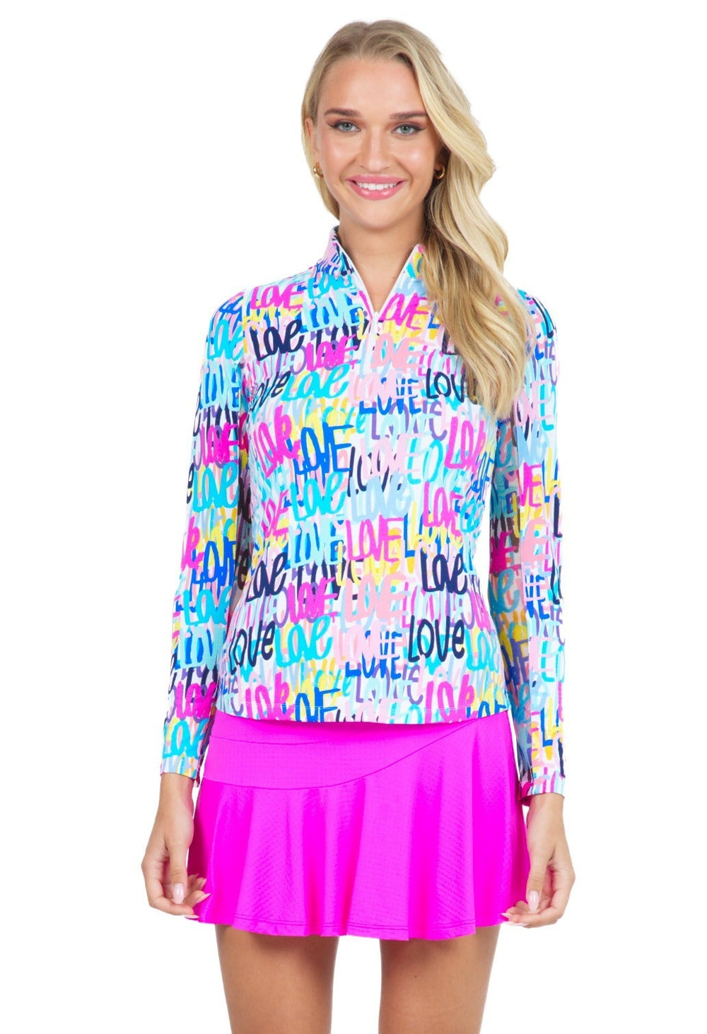 Ibkul Long Sleeve  Zip Mock LIMITED EDITION SERIES,- AIMEE-HOT PINK/MULTI-  SPF 50