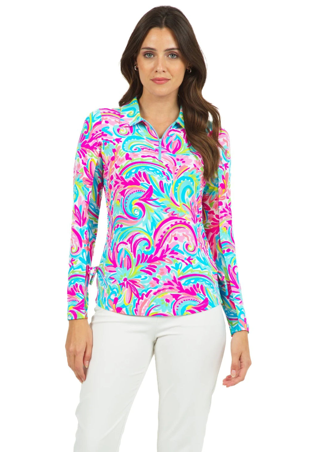 Ibkul  Long Sleeve  Zip Mock AUBREY Candy Pink/Multi  SPF 50