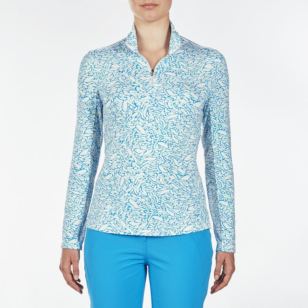 Nivo Lois Long Sleeve Malibu Blue Print Mock - SPF 50