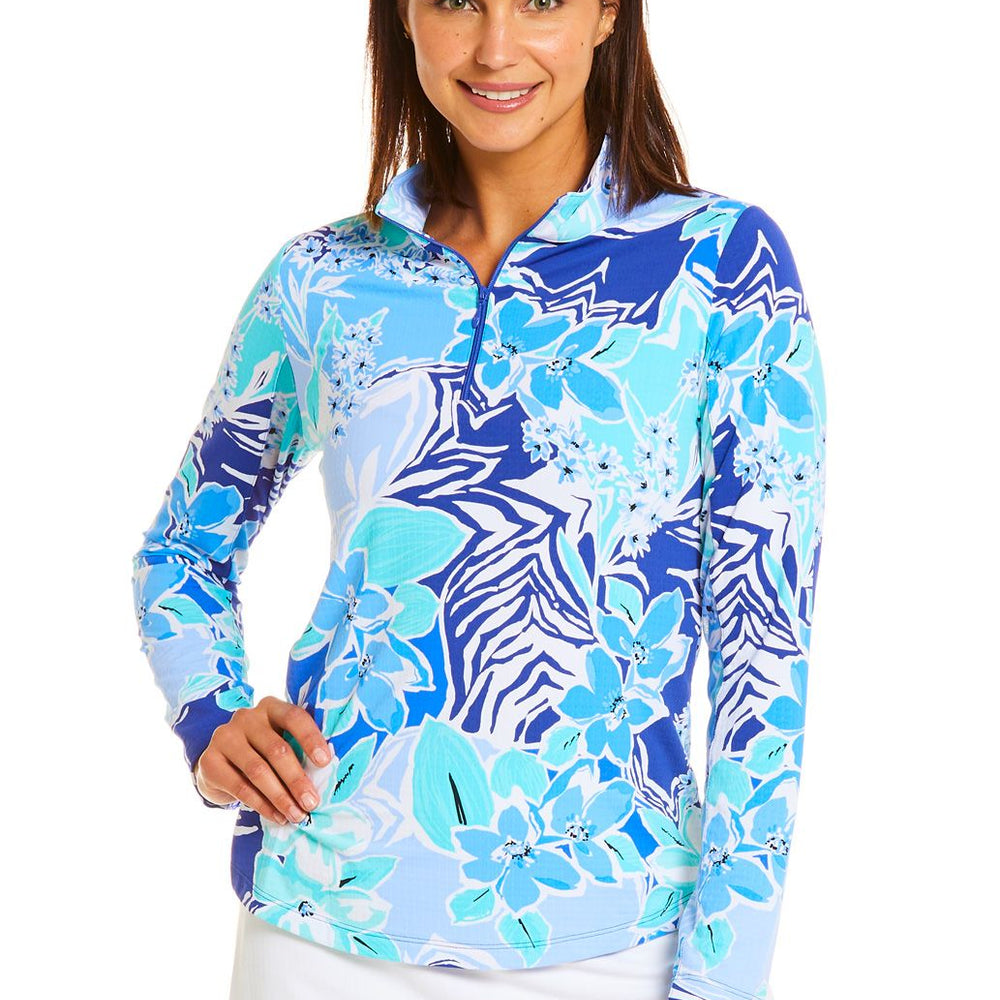 Ibkul Icifil Long Sleeve Sun Shirt:  Amelia Navy/Seafoam  Print Zip Mock - SPF 50