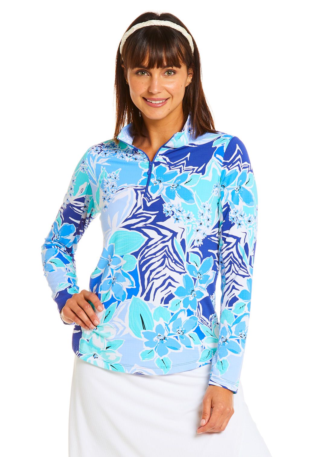 Ibkul Icifil Long Sleeve Sun Shirt:  Amelia Navy/Seafoam  Print Zip Mock - SPF 50