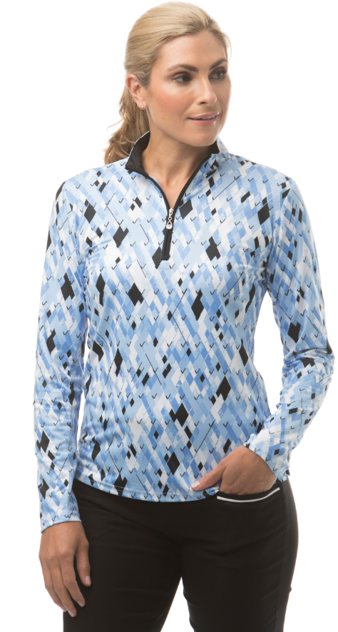 SanSoleil SolCool Print Zip Mock. 900463 Carlyle Blue | SPF 50