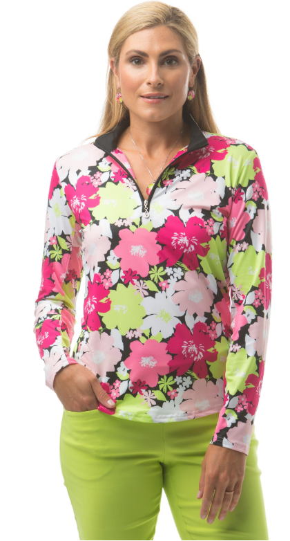 SanSoleil SolCool Print Zip Mock. 900463  Cosmos Pink  | SPF 50