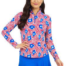 Ibkul  Long Sleeve  Zip Mock RYLEE Blue/ RED  SPF 50