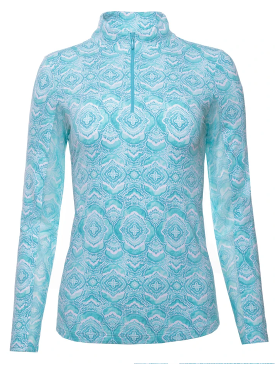 Ibkul Long Sleeve Zip Mock: Venetian Tiles Print Jade | SPF 50