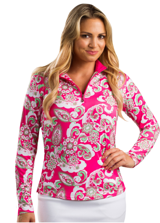 SanSoleil 900463 Solcool Print Zip Mock. Piper Paisley Pink | SPF 50